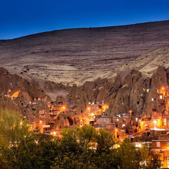 the night view of the only inhabited cliff village of the world, Kandovan, Iran