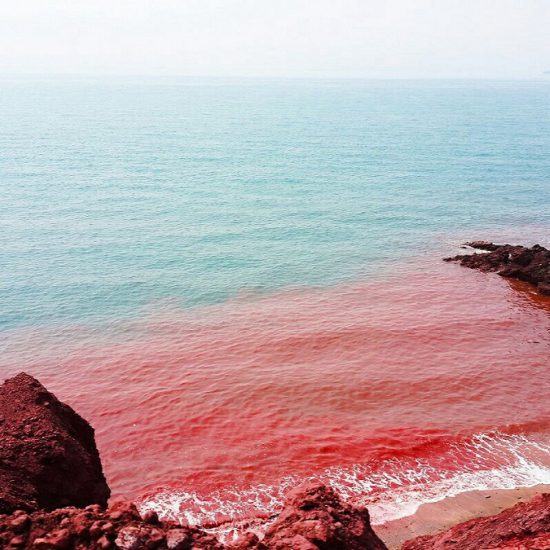 the blue water of red beach, Hormoz Island, Iran