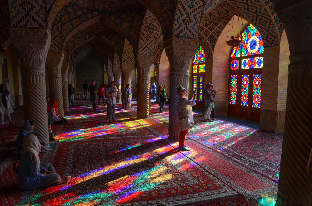 Tourists in pink mosque 2 1024x678 - The Pink Mosque of Shiraz | Nasir ol-Molk Mosque