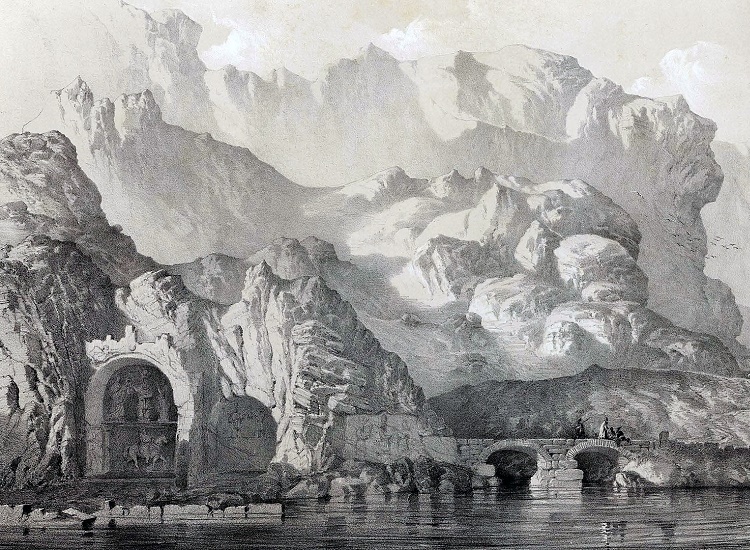 Cave and village Tagh i Bustan By Eugène Flandin - Taq-e Bostan | Glory of Sassanid Empire | Kermanshah, Iran