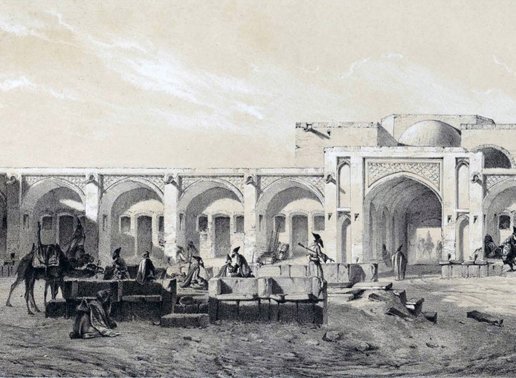  a painting showing caravanserai in the past