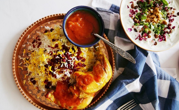 Zereshk Polo with chicken in Iranian dishes.